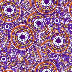 Ethnic seamless pattern with feathers and circles.