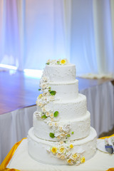 White wedding cake with flowers and blueberries.