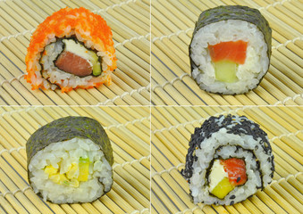 Sushi rolls set on bamboo mat