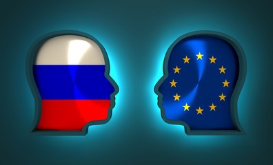 Image relative to politic and economic relationship between Russia and Europe. National flags inside the heads of the businessmen. Teamwork concept. 3D rendering. Neon light