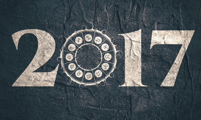 New Year and Christmas celebration card template. Zodiac circle with 2017 new year number. Grunge texture