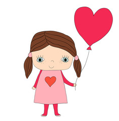 Cute little girl in dress holding a red heart shaped balloon