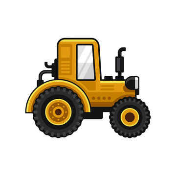 Yellow Farm Tractor Icon on White Background. Vector