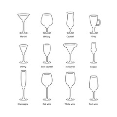 Stylized vector glasses icon set for different alcohol drinks
