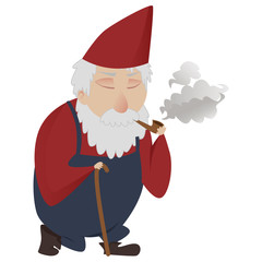 Classic garden gnome with walking stick and smoking a pipe