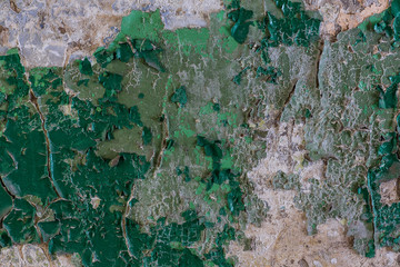 texture of old blank green wall, peeling paint, rough plaster, abstract background and a banner copy space
