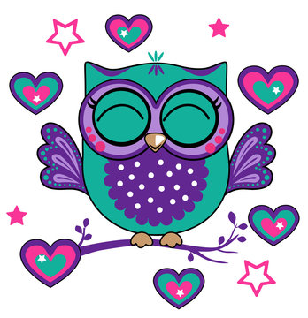 Cute funny owl. Forest bird heart and stars. Decorative and style toy, doll. Wonderland. Magic, fabulous story. Isolated children's cartoon illustration, for print or sticker. White background. Vector