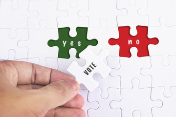 Business Concept - Female hand and missing puzzle with YES and no