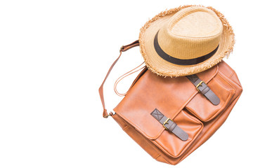 Men's accessories with brown leather bag and brown hat, flat lay, top view isolated on white background