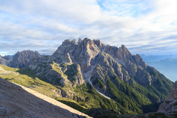 Sexten Dolomites panorama and mountain Dreischusterspitze in South Tyrol, Italy