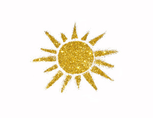 Sun of golden glitter sparkle on white background. Icon for your design.