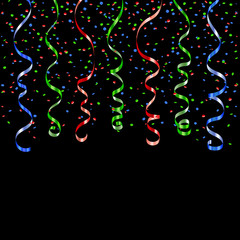 Green, red, blue ribbon confetti. Serpentine on black background. Colorful streamers. Design decoration party, birthday, Christmas, New Year celebration, anniversary, carnival Vector illustration
