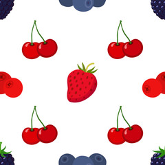 Cartoon berries pattern. Strawberry, blueberry, cranberry, cherry