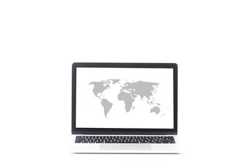 Laptop computer with World map on screen.