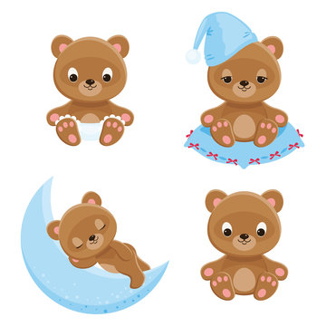 Baby bears different characters. Four isolated vector icons