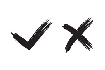 Tick and cross signs. Brush black checkmark OK and X icons, isolated on white background. Marks graphic design. Symbols YES and NO button for vote, decision, web. Vector illustration