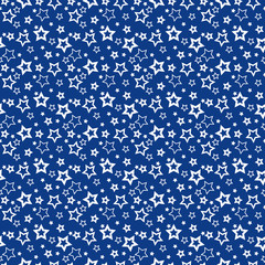 Seamless cute pattern with white filled and strocked stars on bright blue. Background with stars for dress, manufacturing, wallpapers, prints, gift wrap and scrapbooking. Liberty style.
