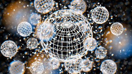 White atom grid sphere, blur bokeh defocused on black background, 3D Rendering, 3D Illustration.