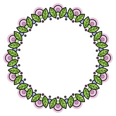 Floral wreath in zentangle style. Circle frame made of geometric flowers and leaves.