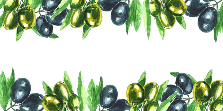 Watercolor olives. Hand drawn illustration. Frame. Border.