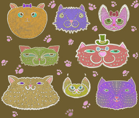 Seamless pattern of colored cats
