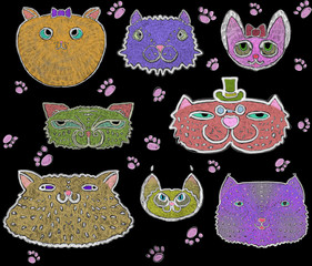 Seamless pattern of colored cats
