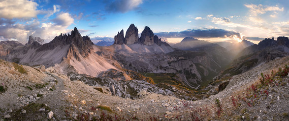 Panoramic view of Monte Paterno / Paternkofel and the Tre Cime di Lavaredo / Drei Zinnen at sunset, Dolomites, Italy
