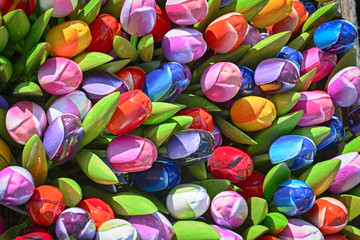 Bunch of colorful wooden artificial tulips