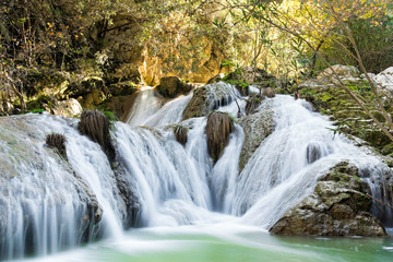 View of the Polylimnio waterfalls in Peloponnese, Greece