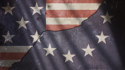 Fototapeta premium Usa and Europe Flag on Cracked Concrete Wall With Gate Shadow