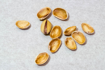 Pistachio nuts and shells in upper view