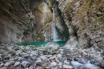Fototapeta na wymiar Beautiful frozen waterfall Kozjak Slovenia with Icicle in the winter