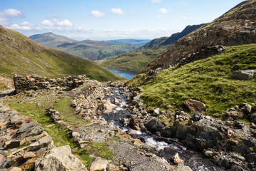 Track in Snowdonia National Park, North Wales, United Kingdom; view of the mountains and the lakes, selective focus