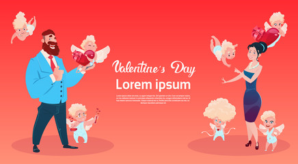 Valentine Day Gift Card Holiday Lovers Couple Love Cupid Heart Shape Flat Vector Illustration