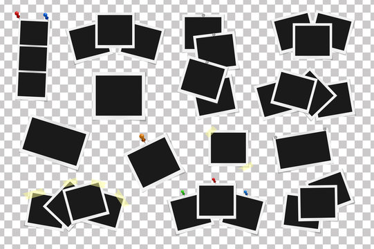 Set of square vector frames on sticky tape, pins and rivets isolated isolated. Template photo design. Vector illustration