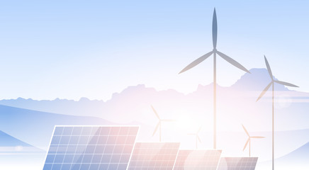 Wind Turbine Solar Panel Alternative Energy Source Nature Background Banner Vector Illustration