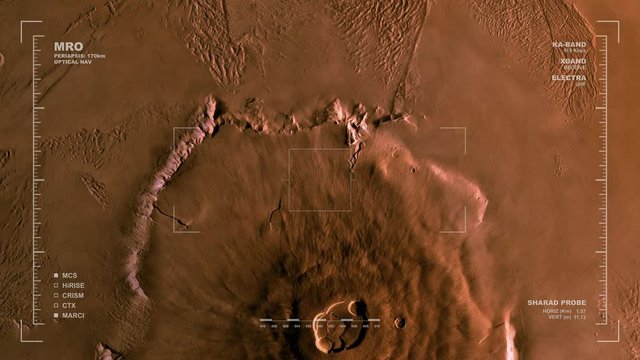 MRO mapping flyover of Olympus Mons, Mars. Clip loops and is reversible. Scientifically accurate HUD. Data: NASA/JPL/USGS 