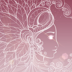 Hand drawn zentangle woman face with shning elements. Vector illustration