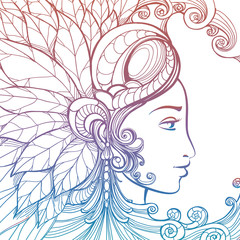 Zentangle woman face with ornate elements isolated on white background. Colorful tatoo tempate vector illustration