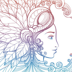 Zentangle woman face with ornate elements isolated on white background. Colorful tatoo tempate vector illustration