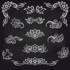 Baroque engraving leaf scroll vector icons. Vintage decorative elemens design