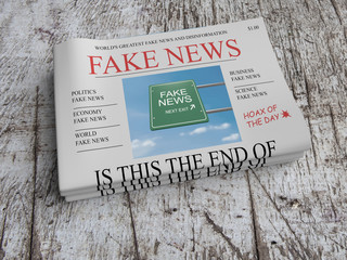 US Media Concept: Pile of Newspapers Fake News On Scratched Old Wood, 3d illustration