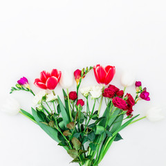 Bouquet with beautiful flowers isolated on white background. Flat lay,