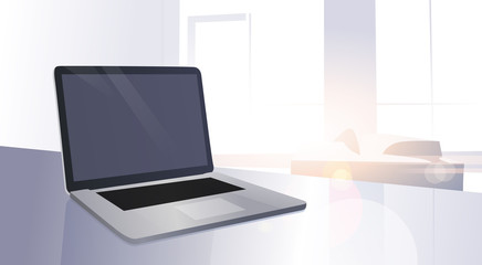 Open Digital Laptop Computer On Table Modern Apartment Window Sun Shine Flat Vector Illustration