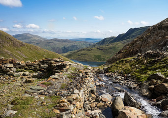 Track in Snowdonia National Park, North Wales, United Kingdom; view of the mountains and the lakes, selective focus