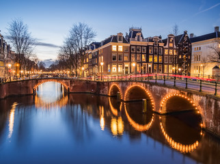 Amsterdam canals and bridges in the evening