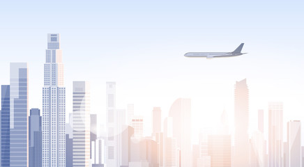 City Skyscraper View Cityscape Flying Plane Skyline Silhouette with Copy Space Infographics Vector Illustration