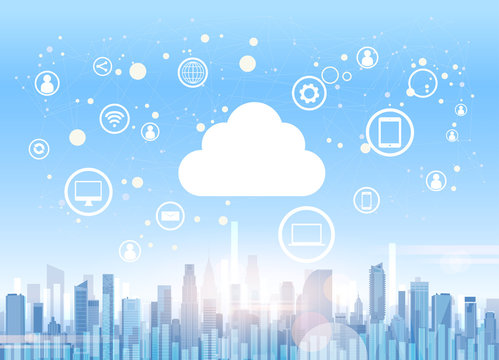 Cloud Computing Technology Device Internet Data Information Storage City Skyscraper View Cityscape Background Vector Illustration