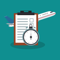 airplane, checklist and chronometer icon. delivery logistics concept. colorful design. vector illustration