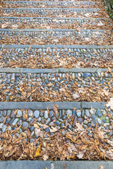Vintage paved stone steps covered with brown dry fallen leaves